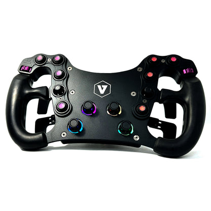 A black GT steering wheel with multiple buttons, encoders, and switches for video game simulations.