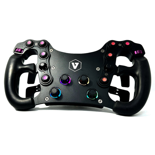 A black GT steering wheel with multiple buttons, encoders, and switches for video game simulations.