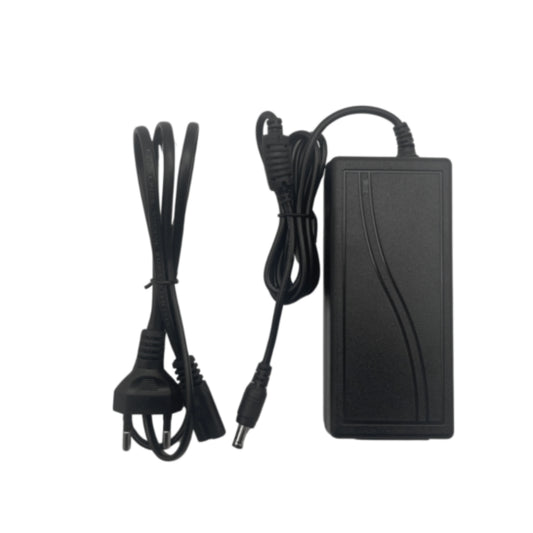 Black power adapter with cables on a white background