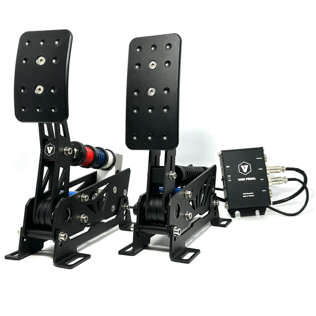 A set of metal racing simulation pedals with adjustable angles and heights, primarily black in color, with visible branding and pedal mechanisms.