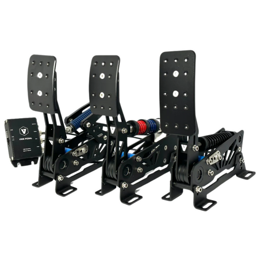 A set of metal racing simulation pedals with adjustable angles and heights, primarily black in color, with visible branding and pedal mechanisms.