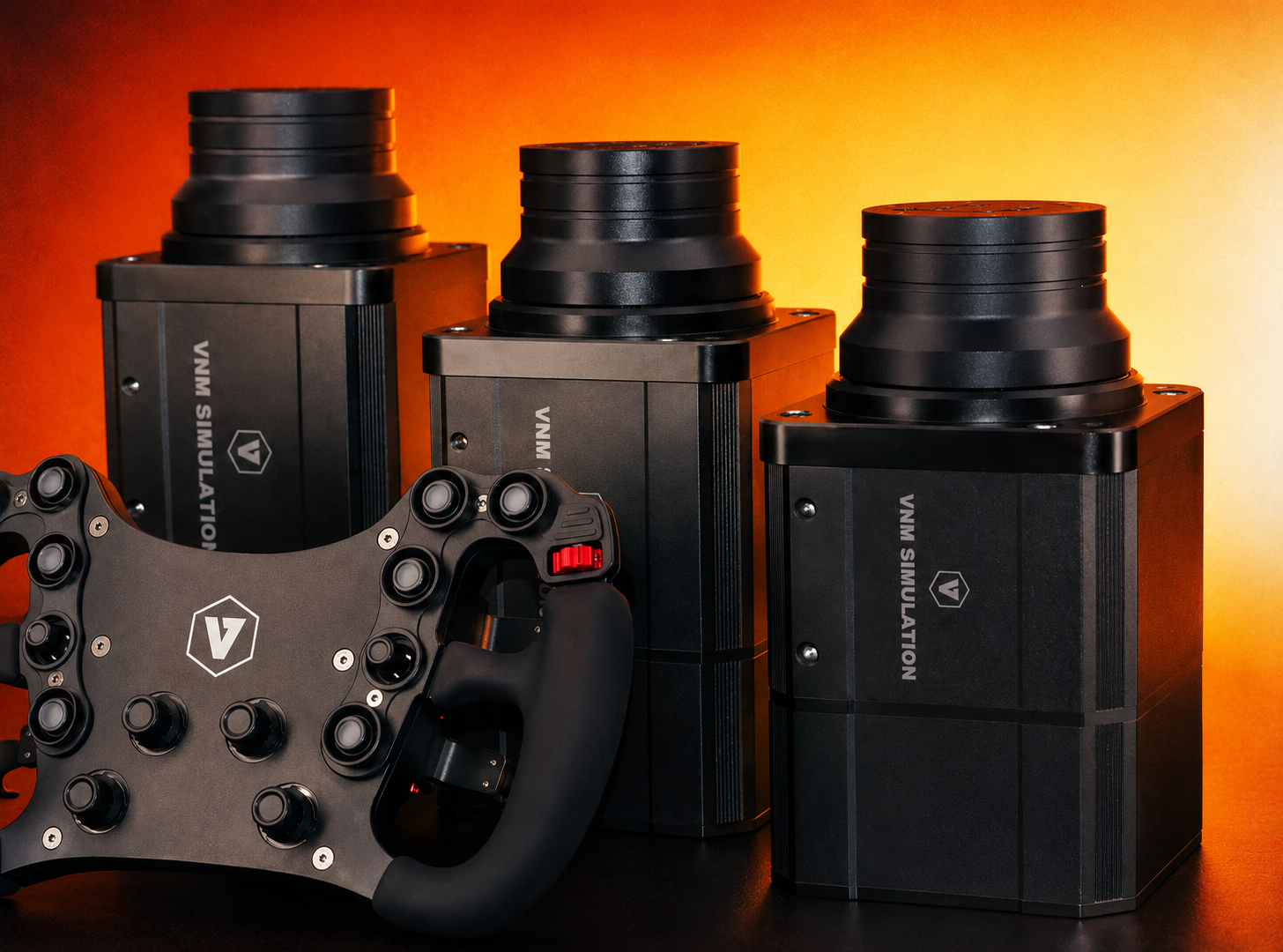 VNM Simulations sim racing ecosystem featuring wheelbases, pedals, and driver controls