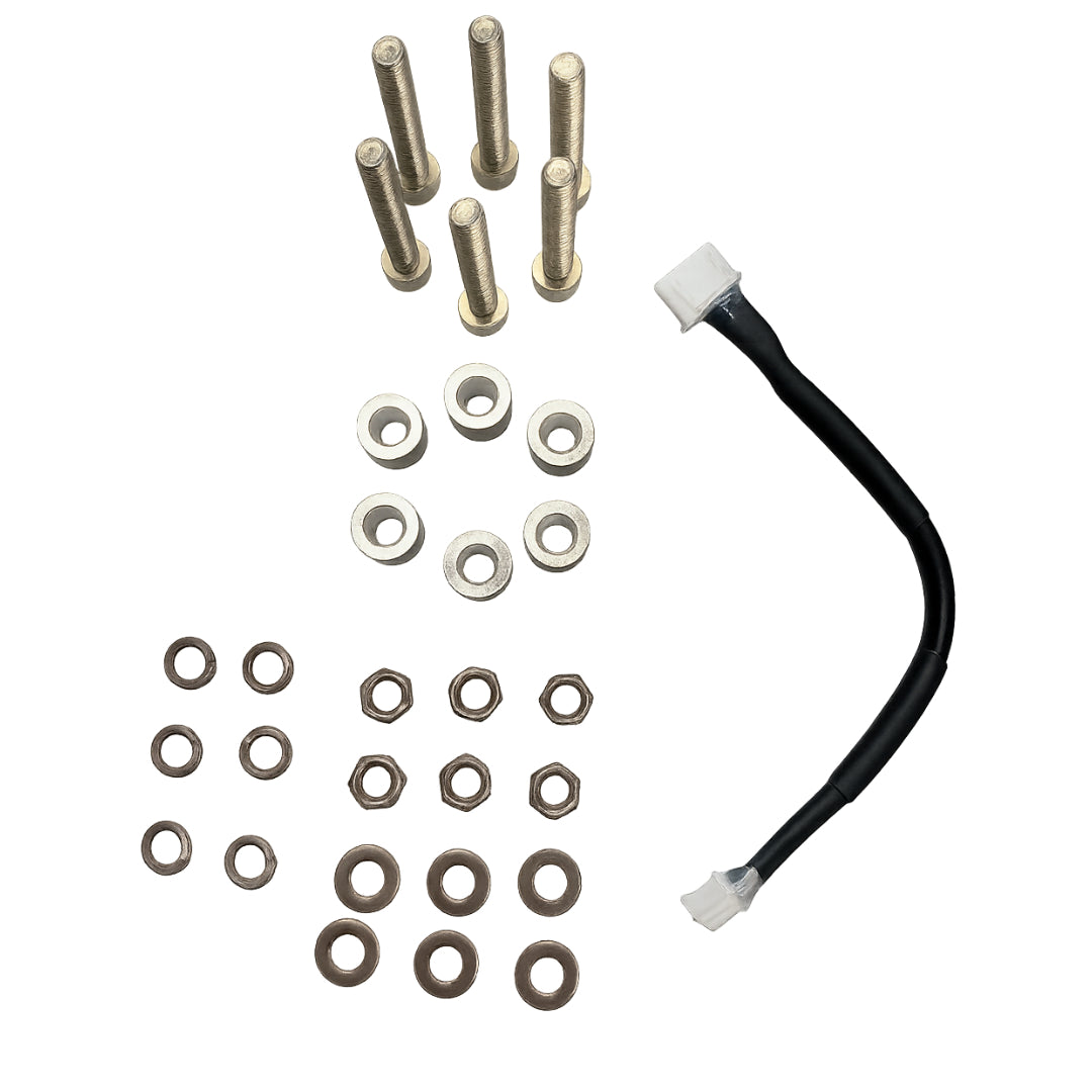 Mechanical parts including bolts, washers, and a black cable on a white background
