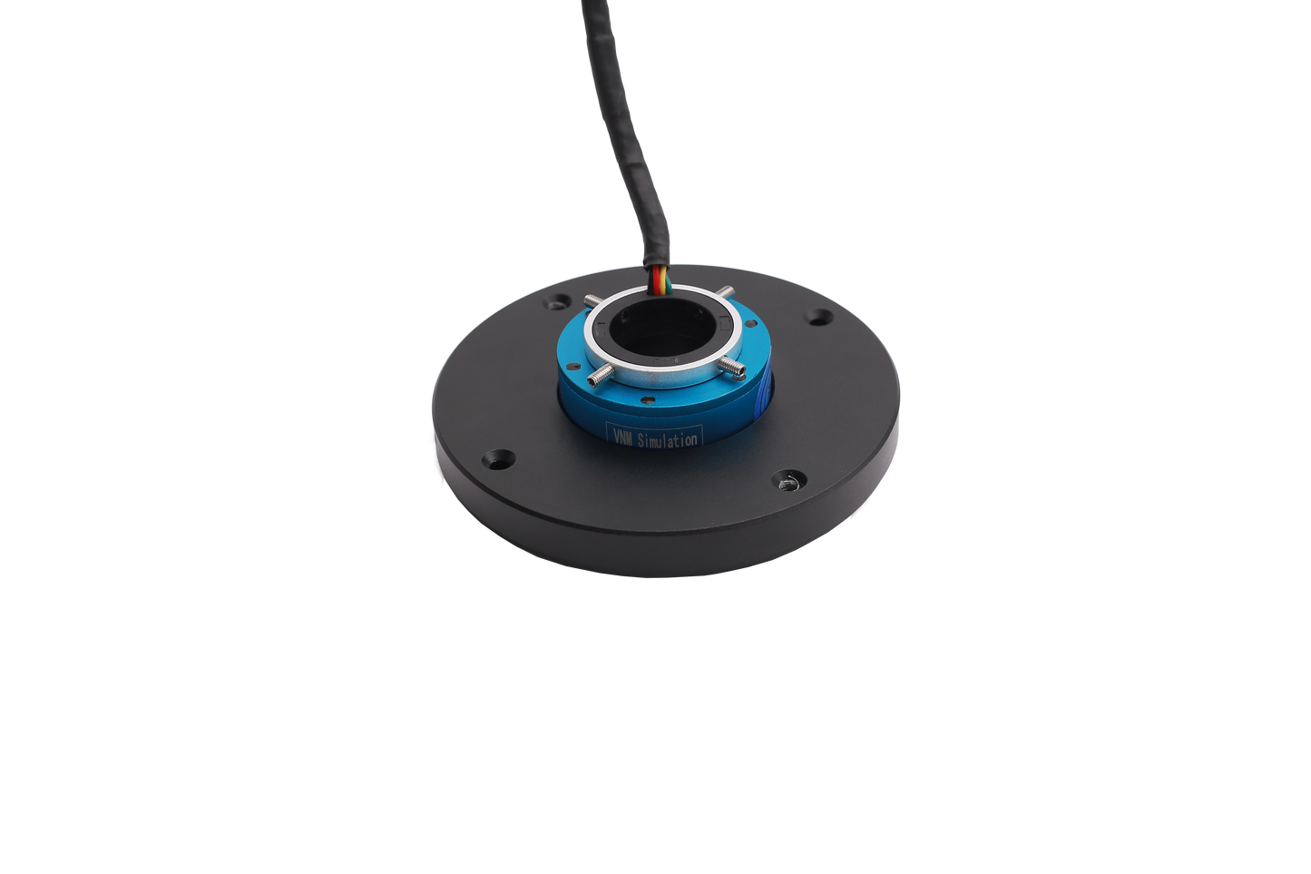 Black circular component with blue center and black cable on a white background