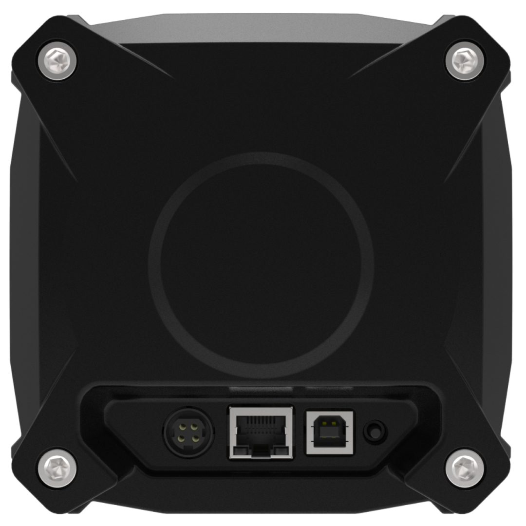 Black electronic device with ports on a white background