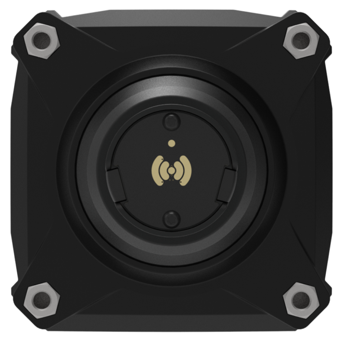 Black square component with a central logo on a white background