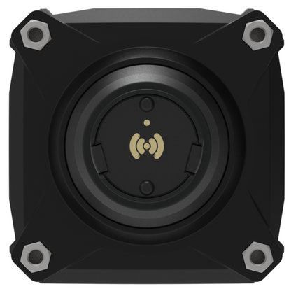 Black square component with a central logo on a white background