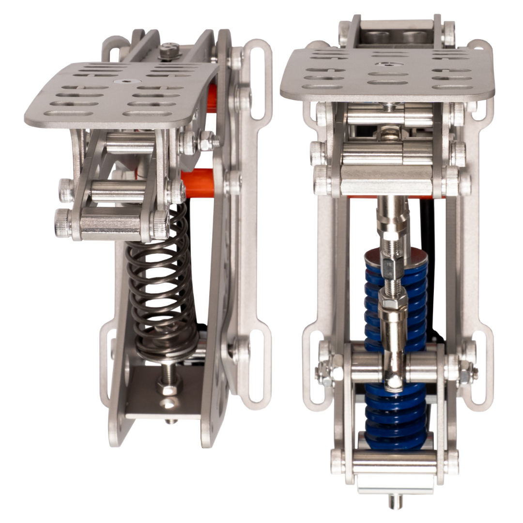 Two metal mechanical devices with springs on a white background