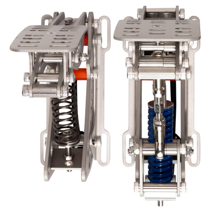 Two metal mechanical devices with springs on a white background