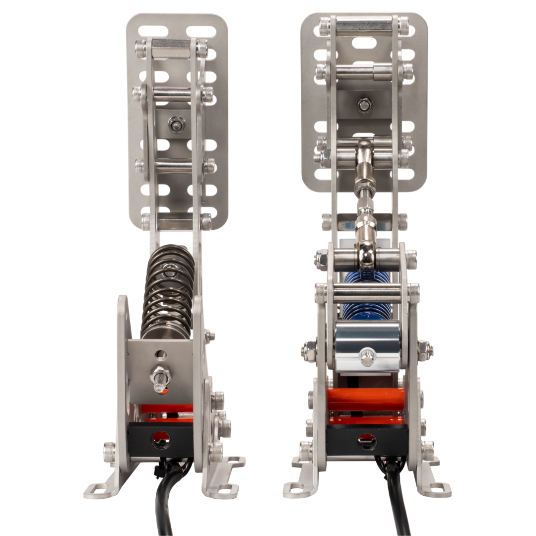 Two metal pulley systems on a white background