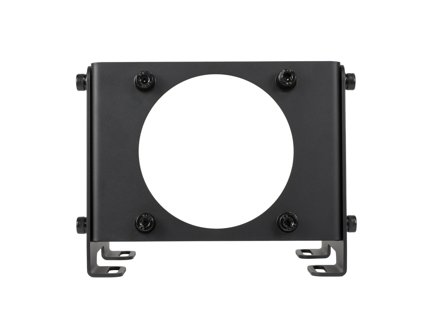 Black metal bracket with circular opening on a white background