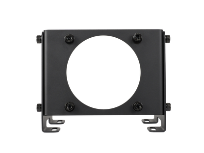 Black metal bracket with circular opening on a white background