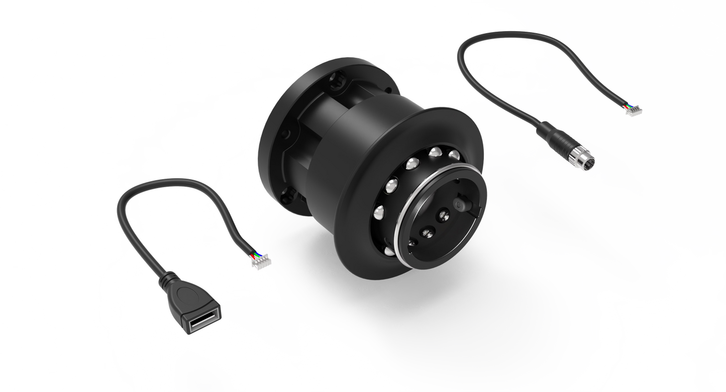 Black cylindrical component with wiring on a white background