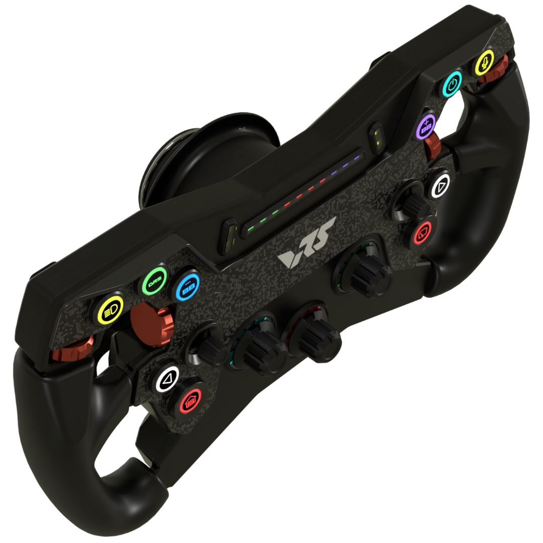 Black gaming controller with colorful buttons on a white background