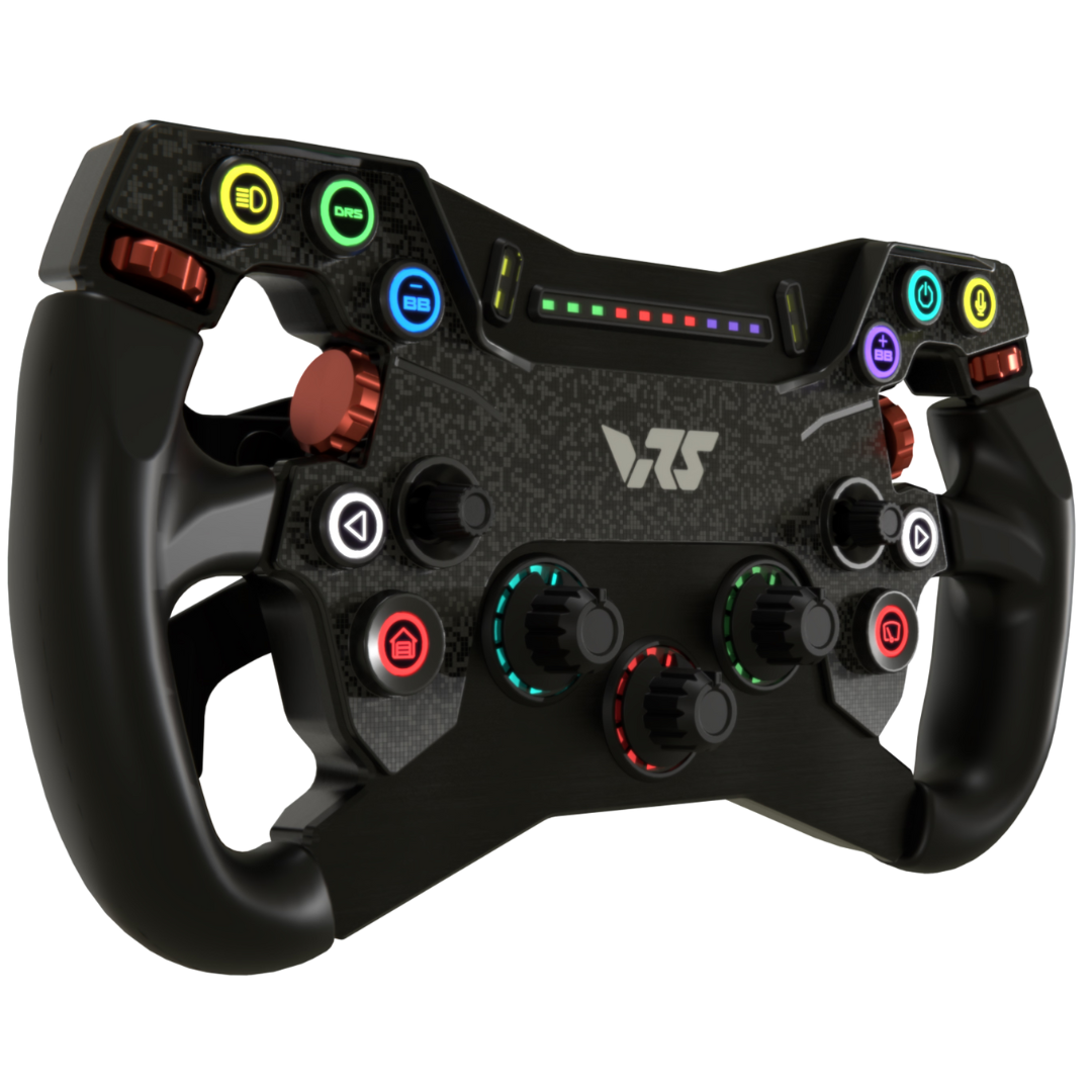Black gaming steering wheel controller with colorful buttons on a white background
