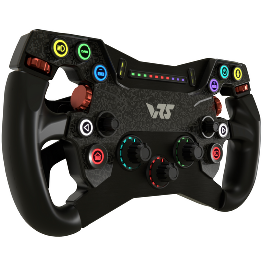 Black gaming steering wheel controller with colorful buttons on a white background