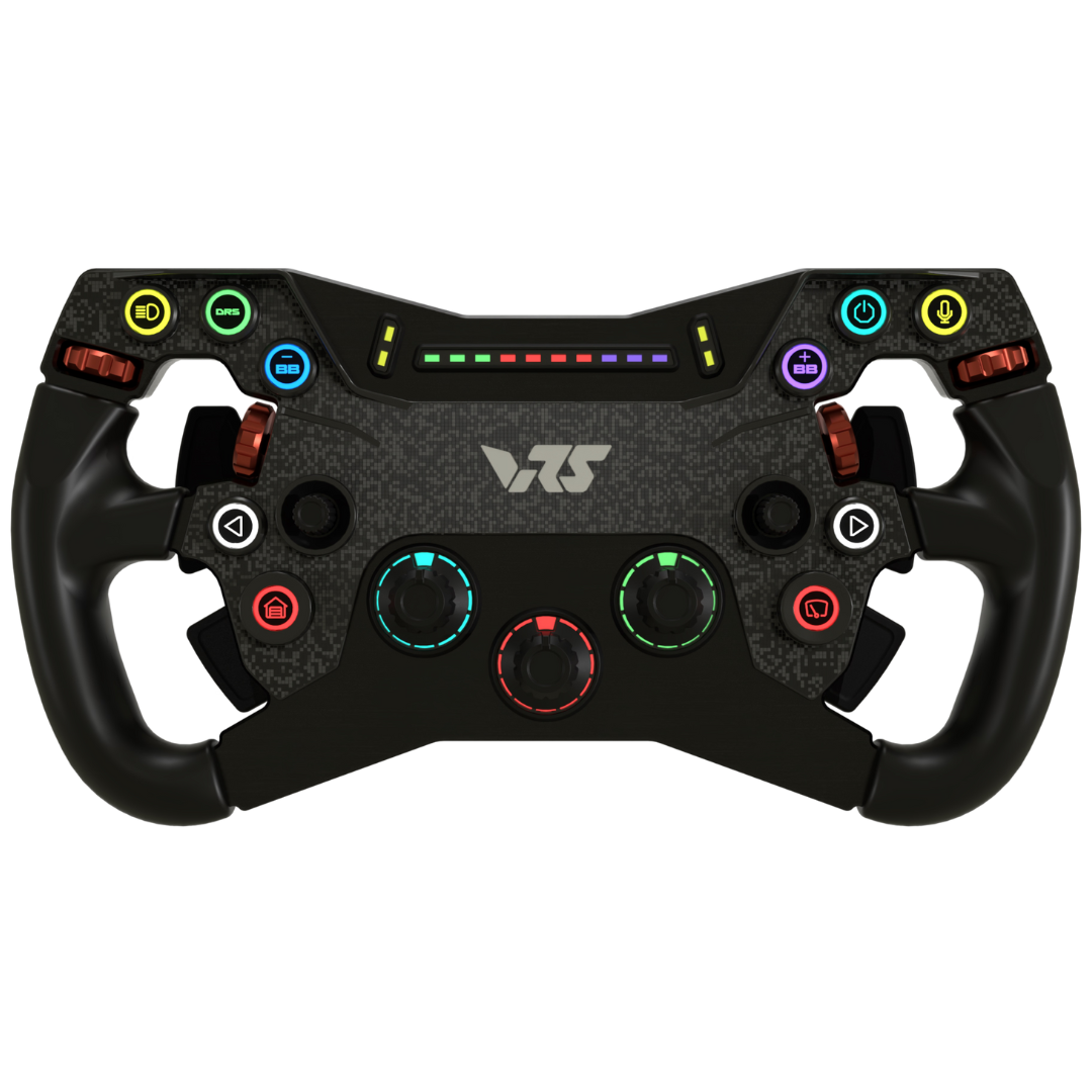 Black gaming steering wheel with colorful buttons on a white background