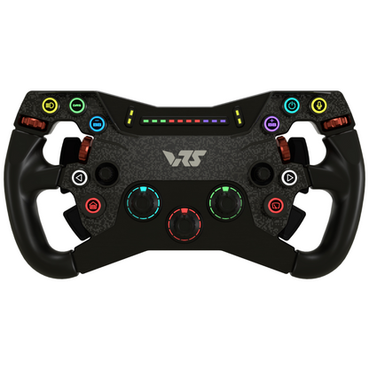 Black gaming steering wheel with colorful buttons on a white background