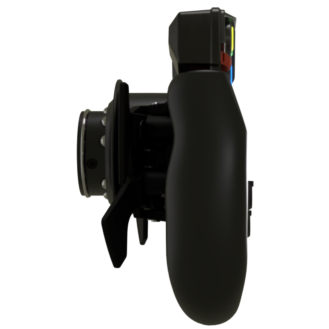 Black steering wheel with electronic components on a white background