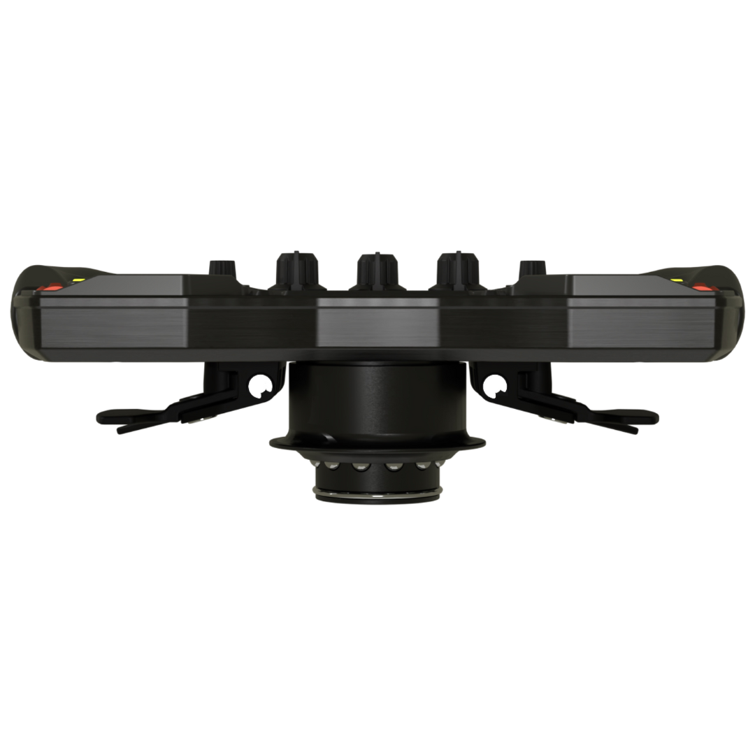 Black electronic device with a cylindrical base on a white background
