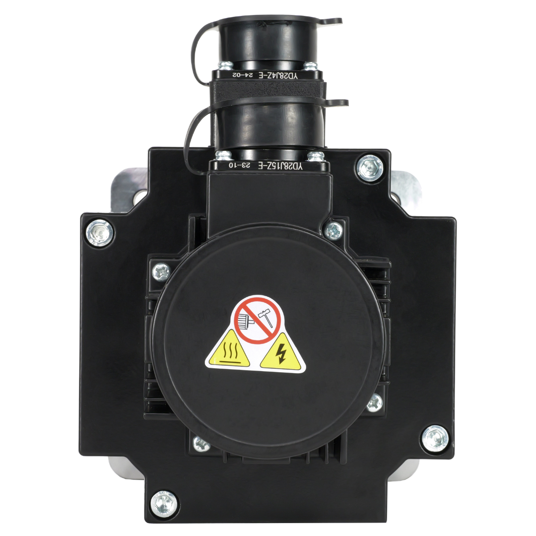 Black mechanical component with warning labels on a white background