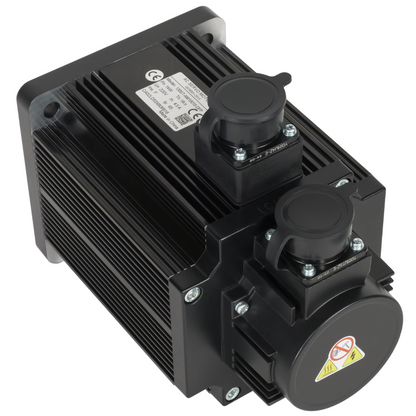 Black electrical component with two knobs and a warning label on a white background