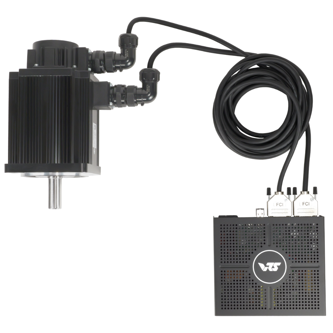 Black electronic component with wiring and a control box on a white background
