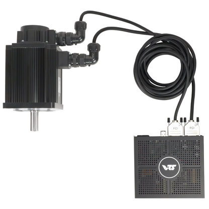 Black electronic component with wiring and a control box on a white background