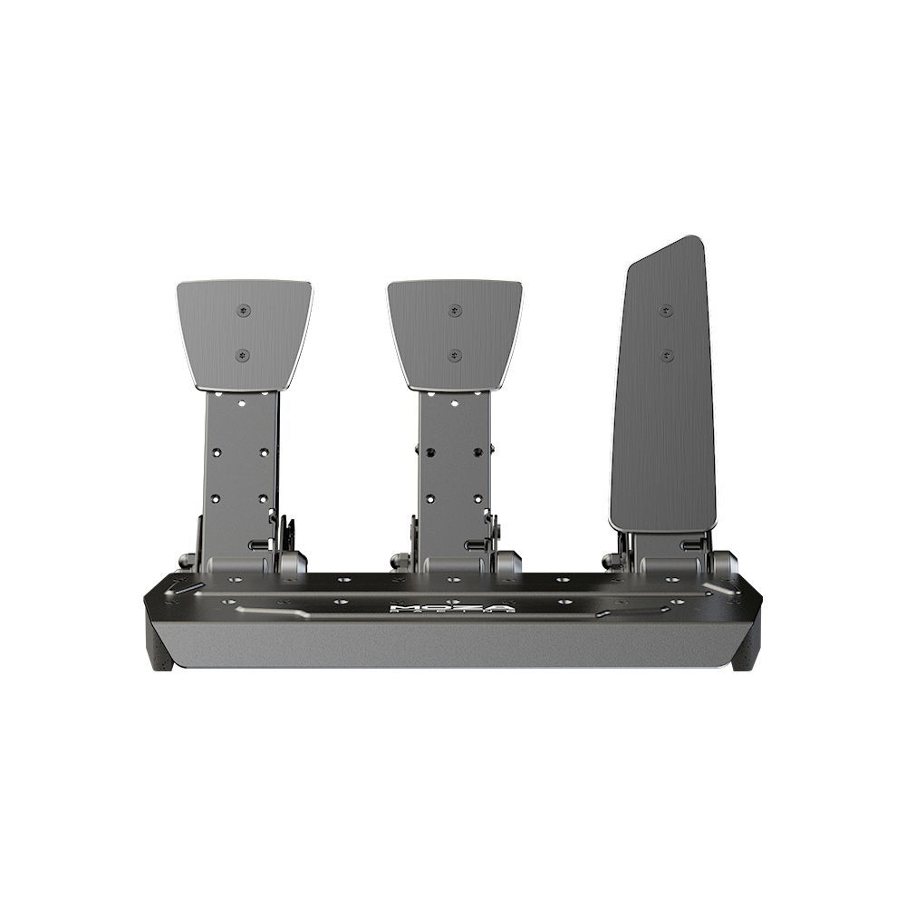 MOZA SR-P Pedal Set front view showing steel construction base