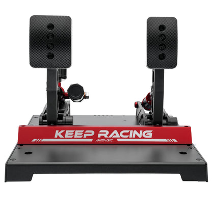 Simagic P1000 RS Hydraulic 3 Pedal Set for racing simulation, featuring black pedals mounted on a base with the text 'KEEP RACING' displayed.