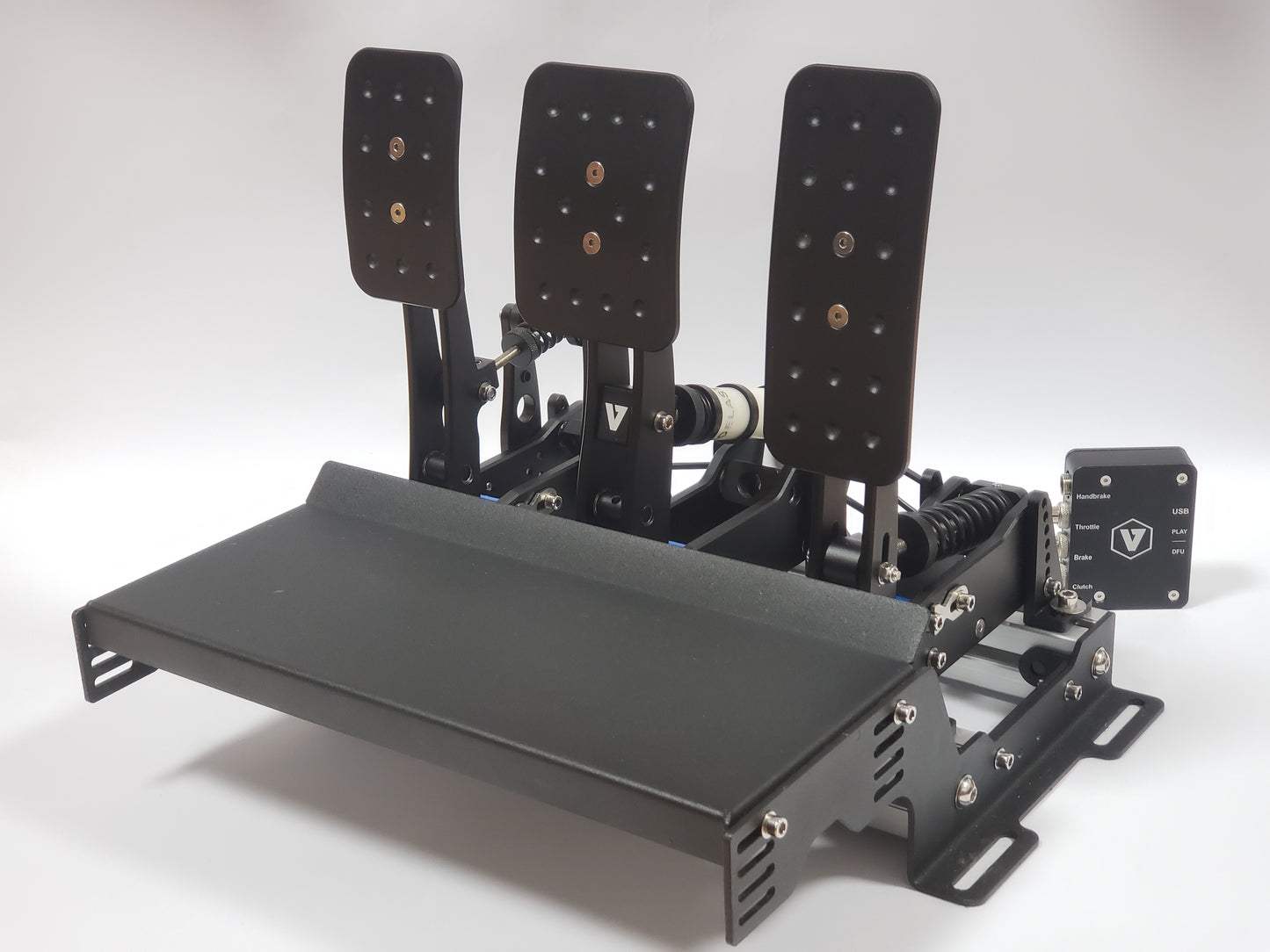 VNM Simulation Pedal Set mounted on baseplate for sim racing
